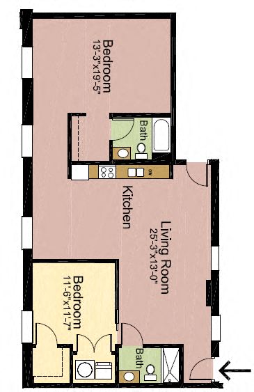 Floor plan for 2 beds, 2 baths, 1395 sqft